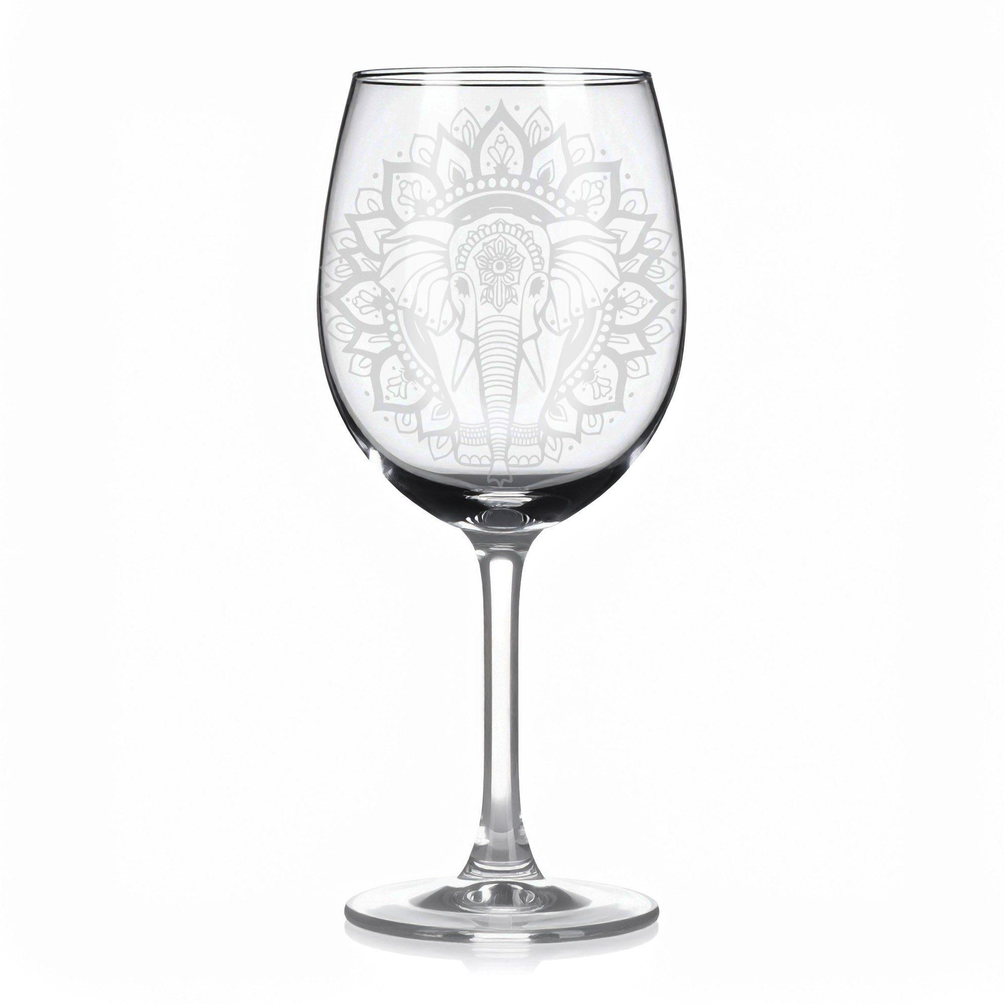 Sklenice na víno s gravírováním mandaly slona – Síla a štěstí