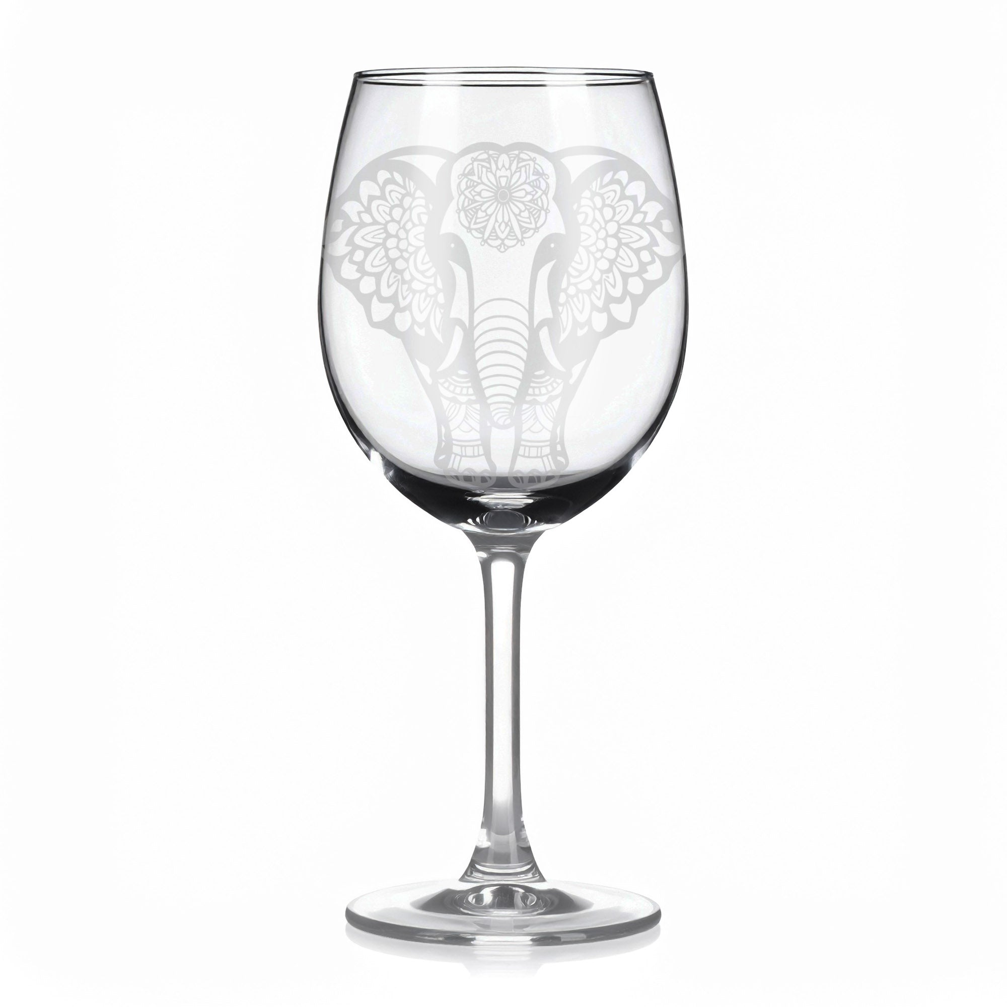 Sklenice na víno s gravírováním mandaly slona II – Moudrost a harmonie