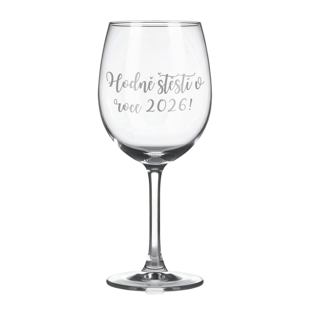 Sklenice na víno s gravírovaným textem Hodně štěstí v roce 2026!