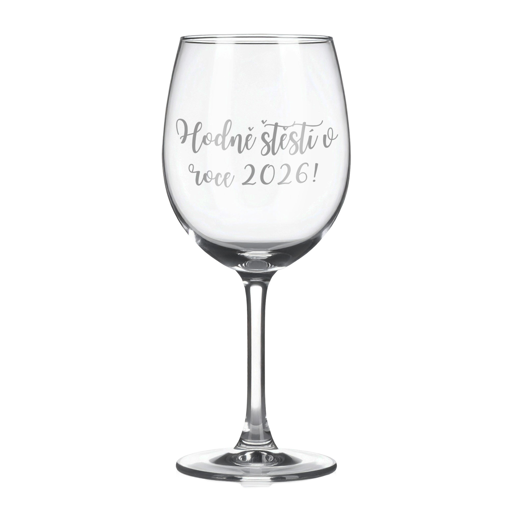 Sklenice na víno s gravírovaným textem Hodně štěstí v roce 2026!