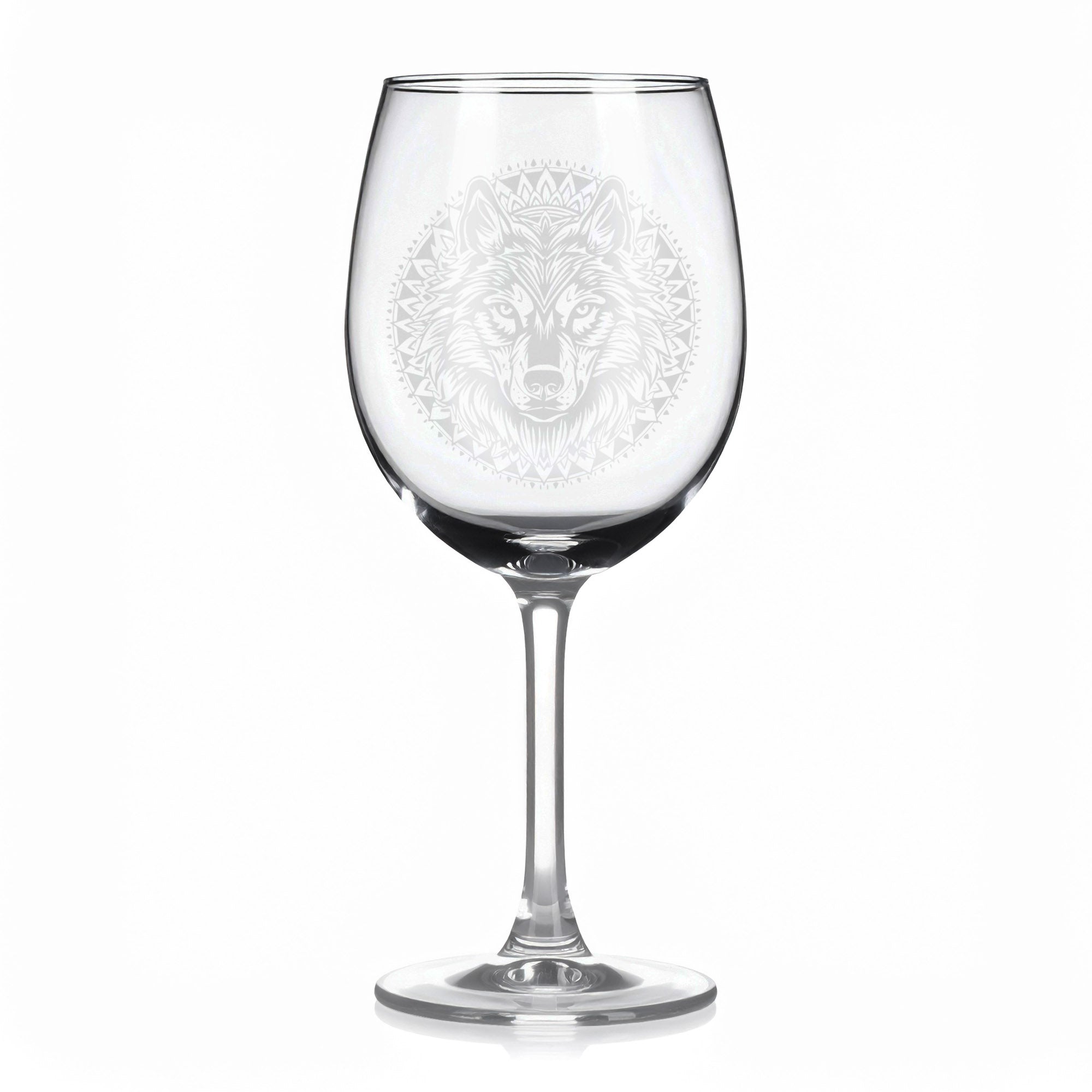 Sklenice na víno s gravírováním mandaly vlka II – Strážce smečky