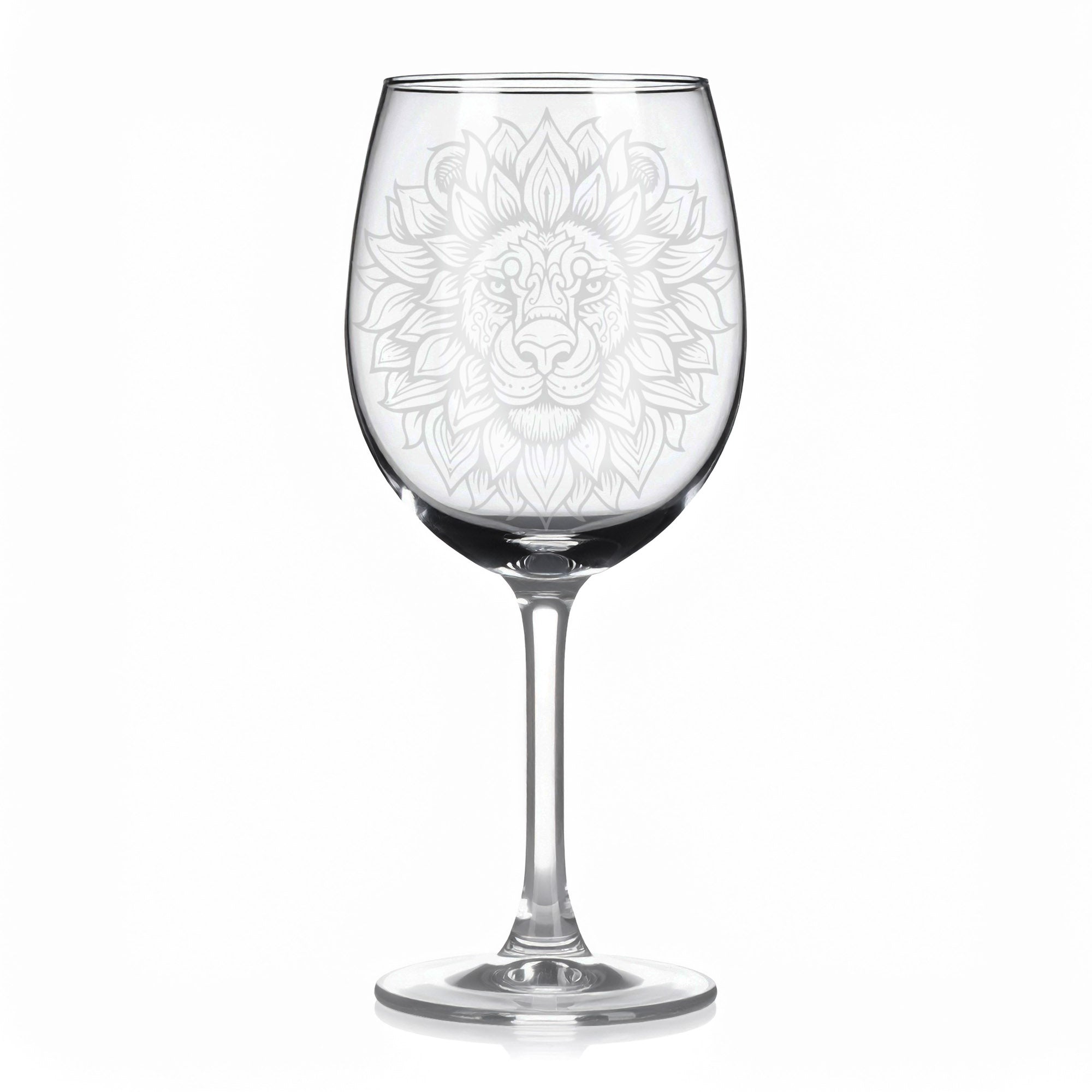 Sklenice na víno s gravírováním mandaly lva – Král síly a odvahy