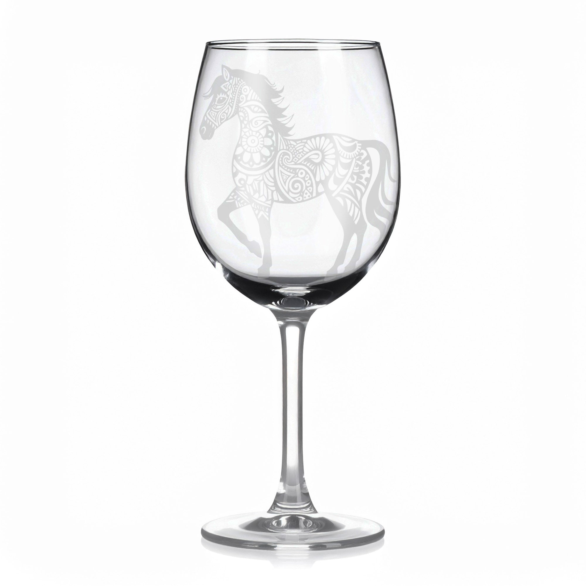 Sklenice na víno s gravírováním mandaly koně II – Síla pohybu a svobody