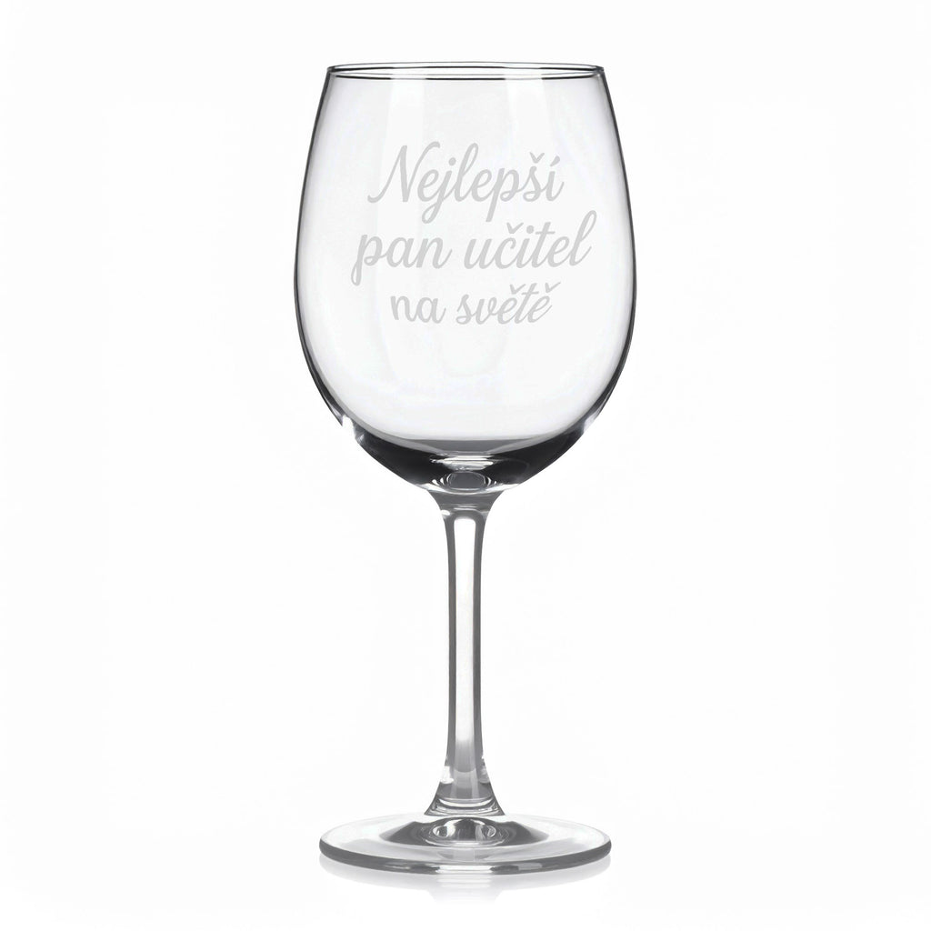 Sklenice na víno s gravírovaným textem „Nejlepší pan učitel na světě“