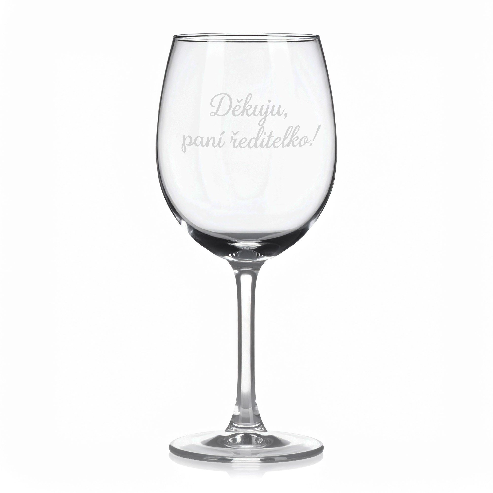 Sklenice na víno s gravírovaným textem „Děkuju, paní ředitelko!“