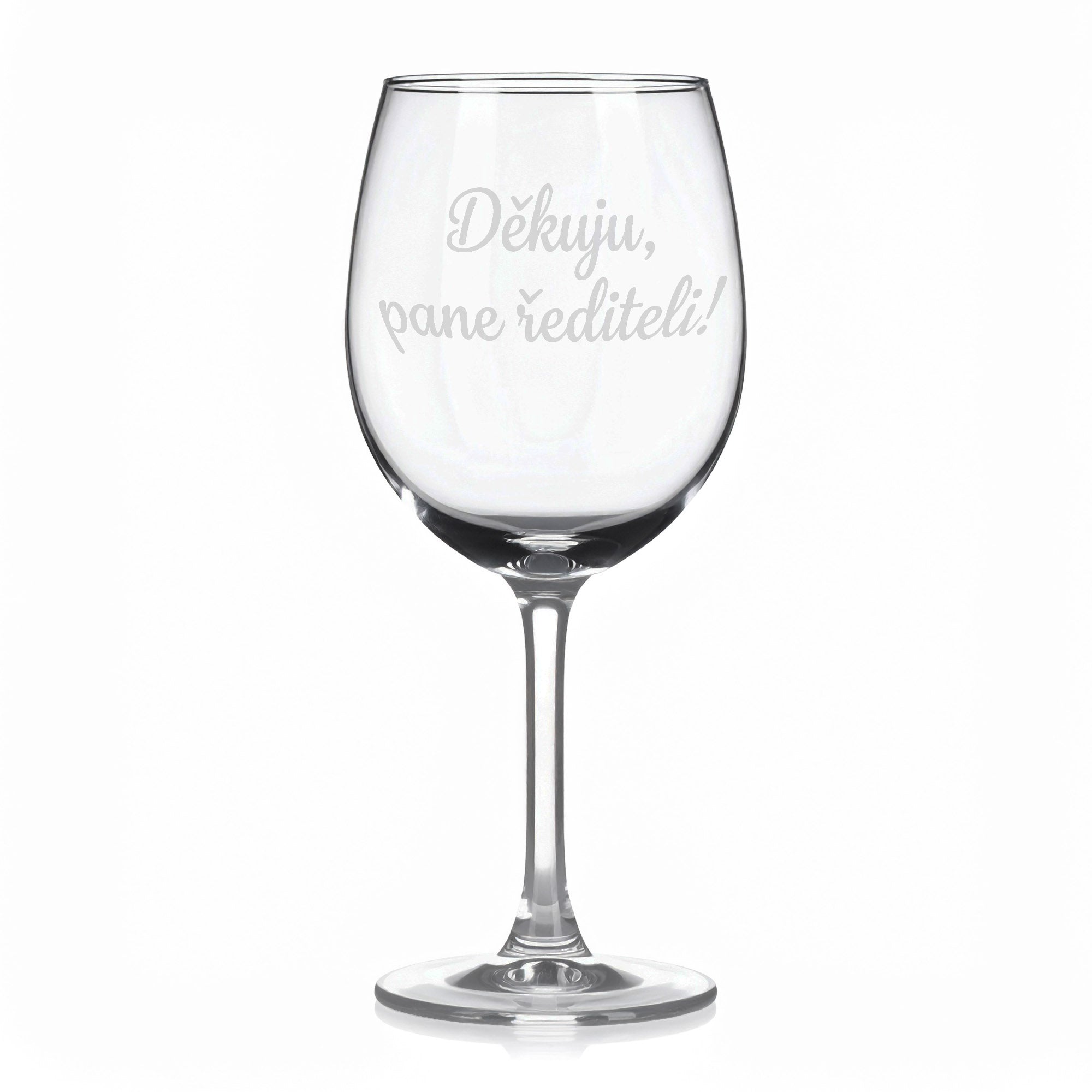 Sklenice na víno s gravírovaným textem „Děkuju, pane řediteli!“