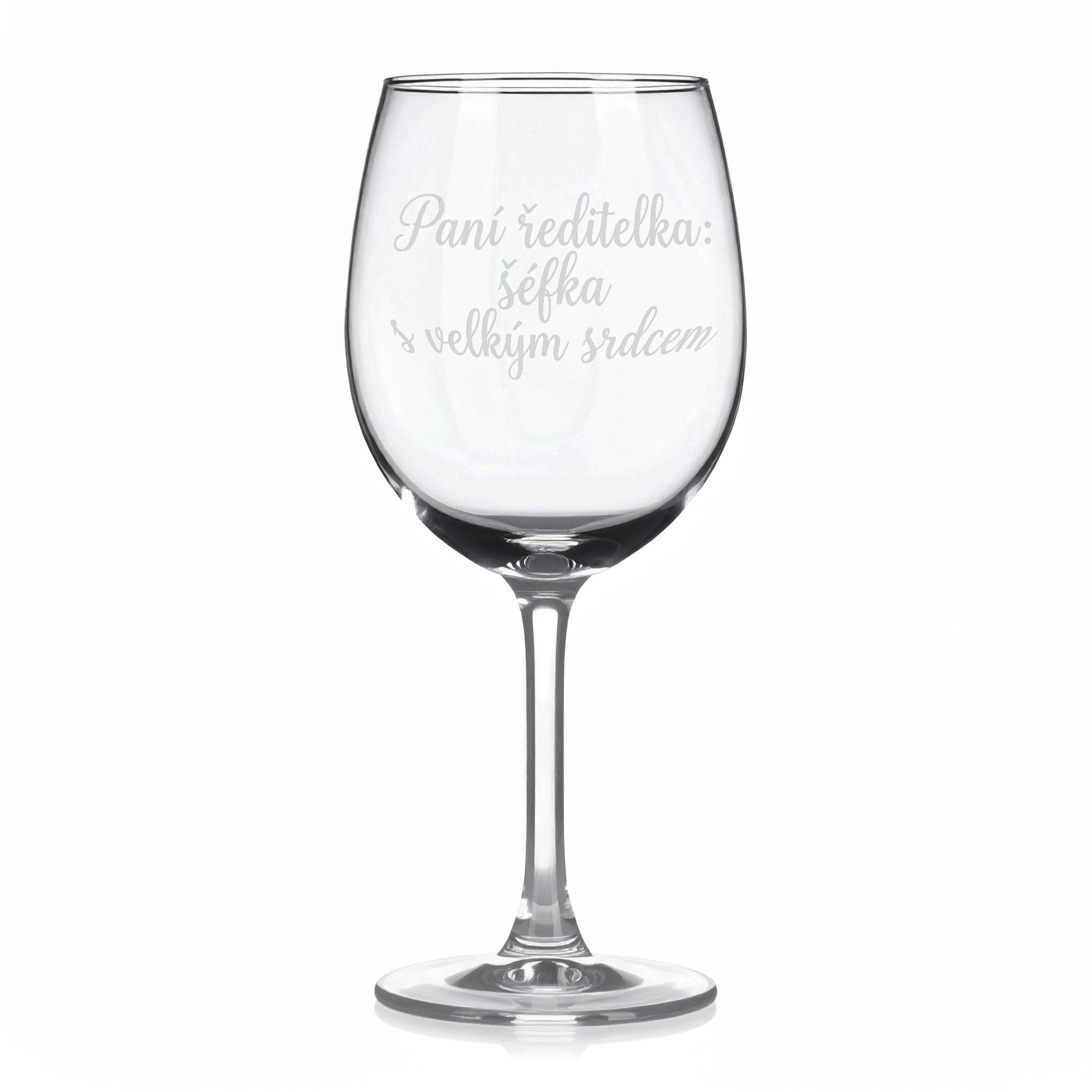 Sklenice na víno s gravírovaným textem „Paní ředitelka: šéfka s velkým srdcem“