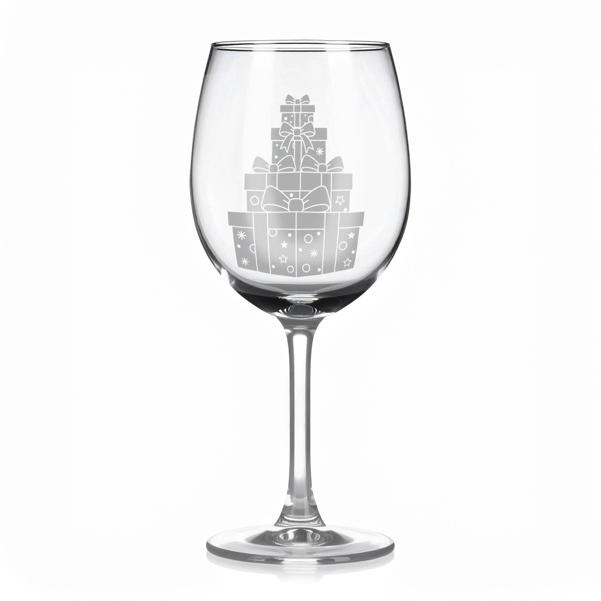 Sklenice na víno s gravírovaným motivem stohu vánočních dárků