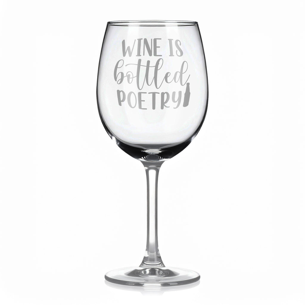 Vínová sklenka s gravírovým textem - Wine is bottled poetry