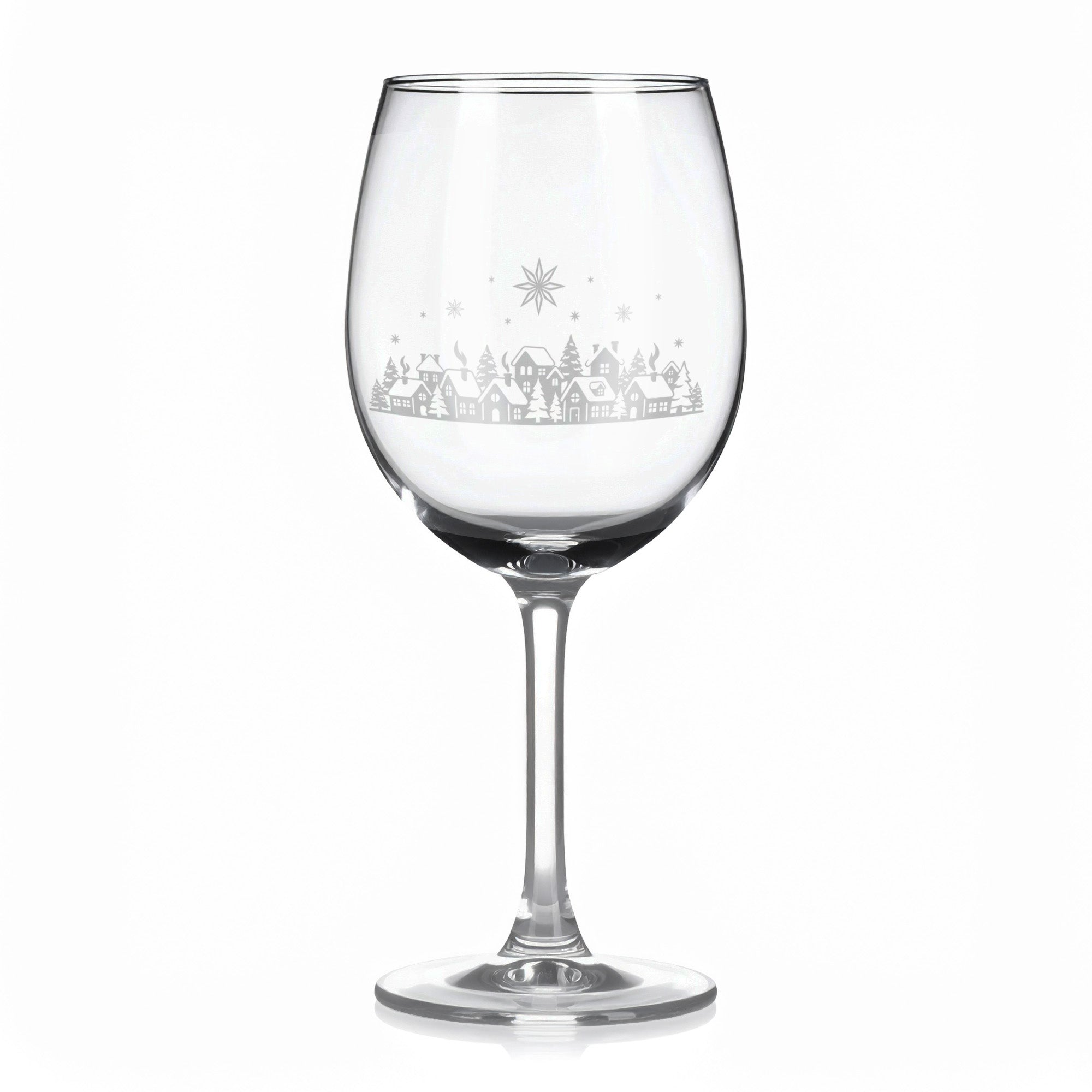 Sklenice na víno s gravírovaným motivem zimní vesničky