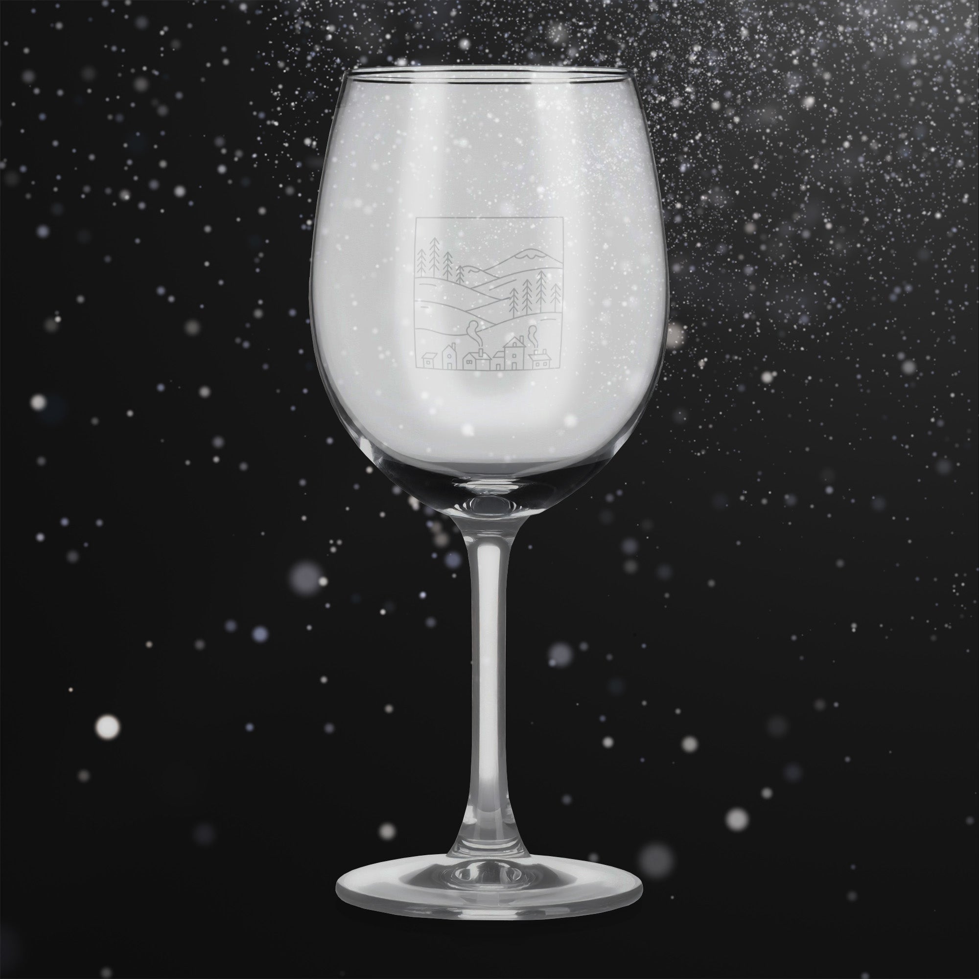 Sklenice na víno s gravírovaným motivem zimní krajina v rámečku