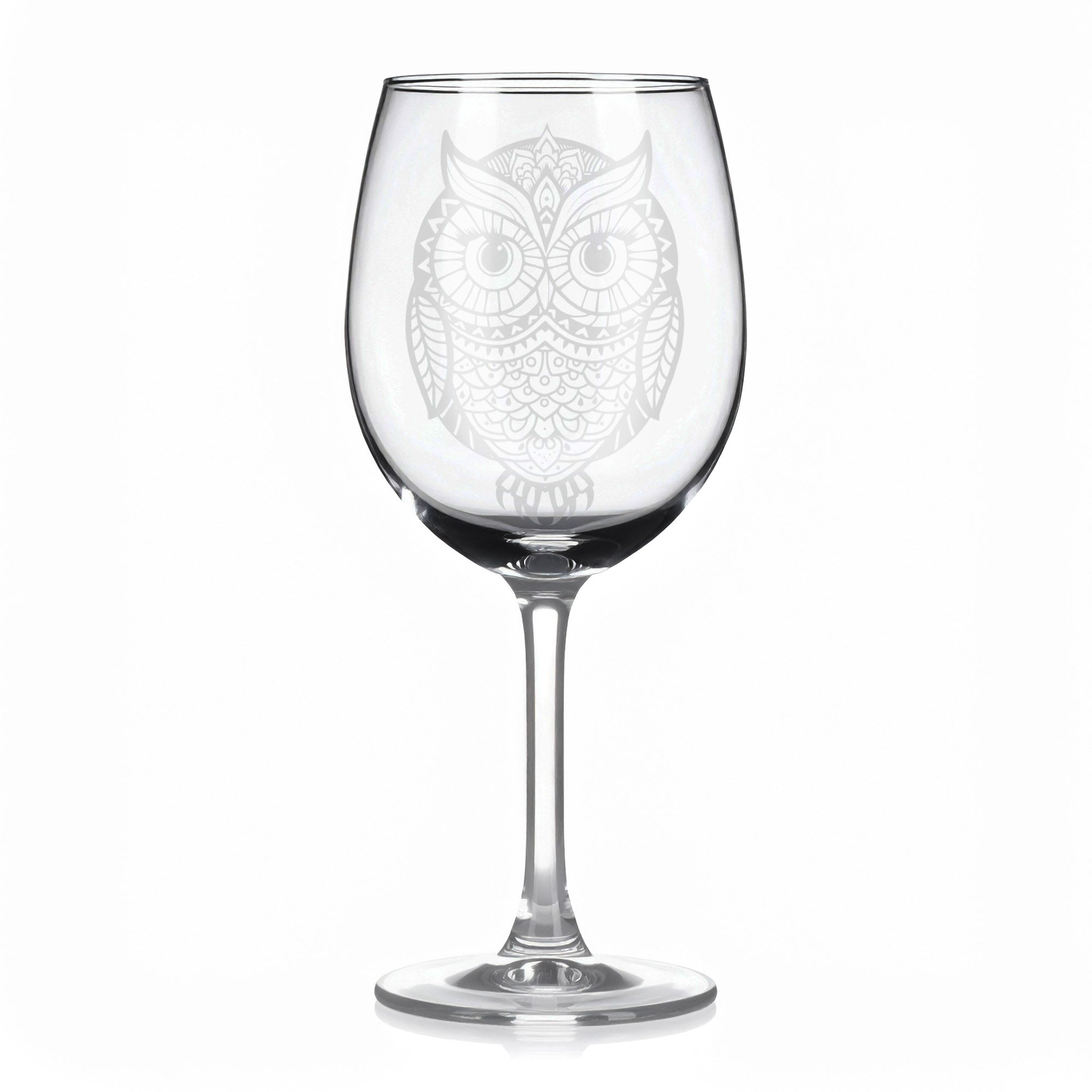 Sklenice na víno s gravírováním mandaly sovy – Moudrost noci