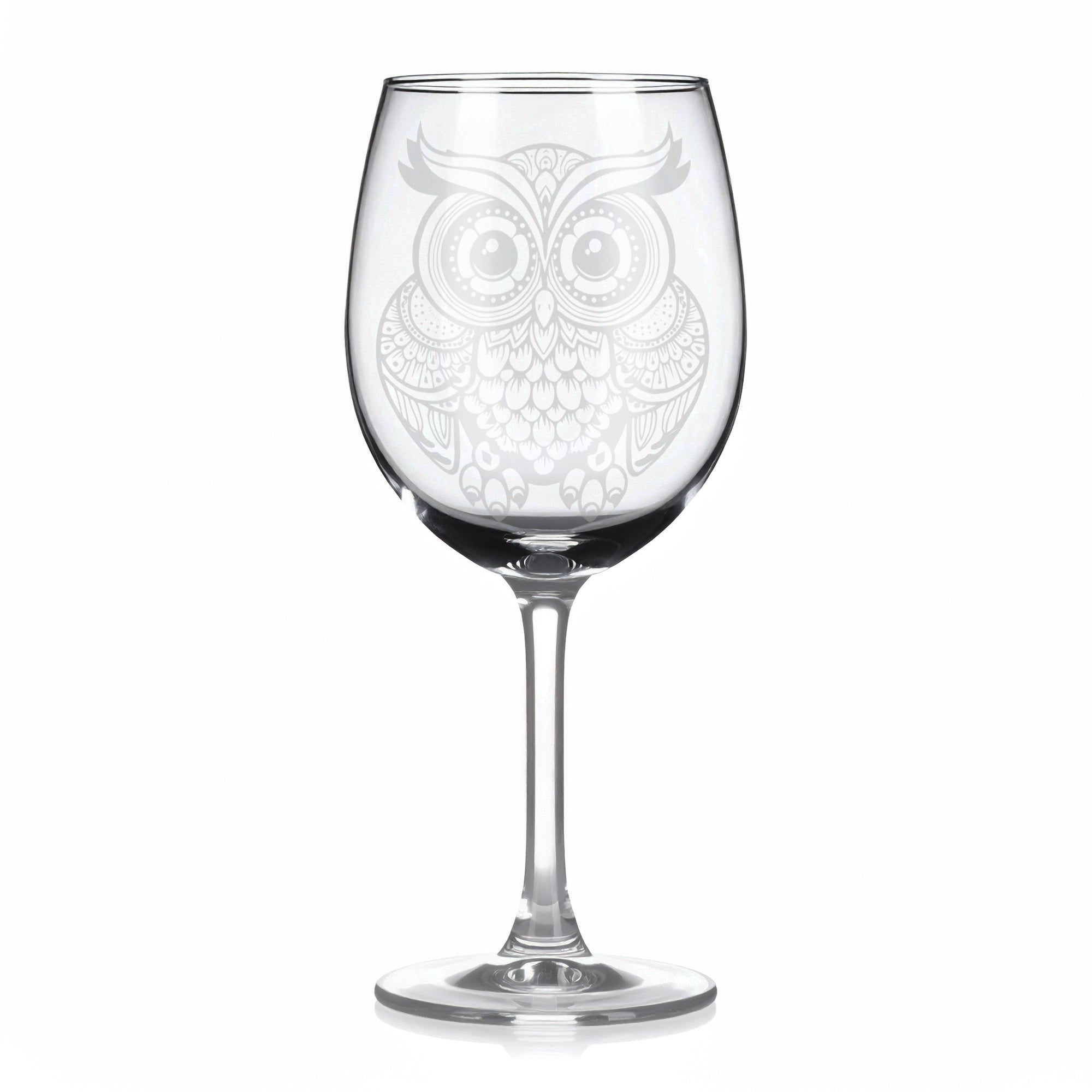 Sklenice na víno s gravírováním mandaly sovy II – Strážkyně klidu