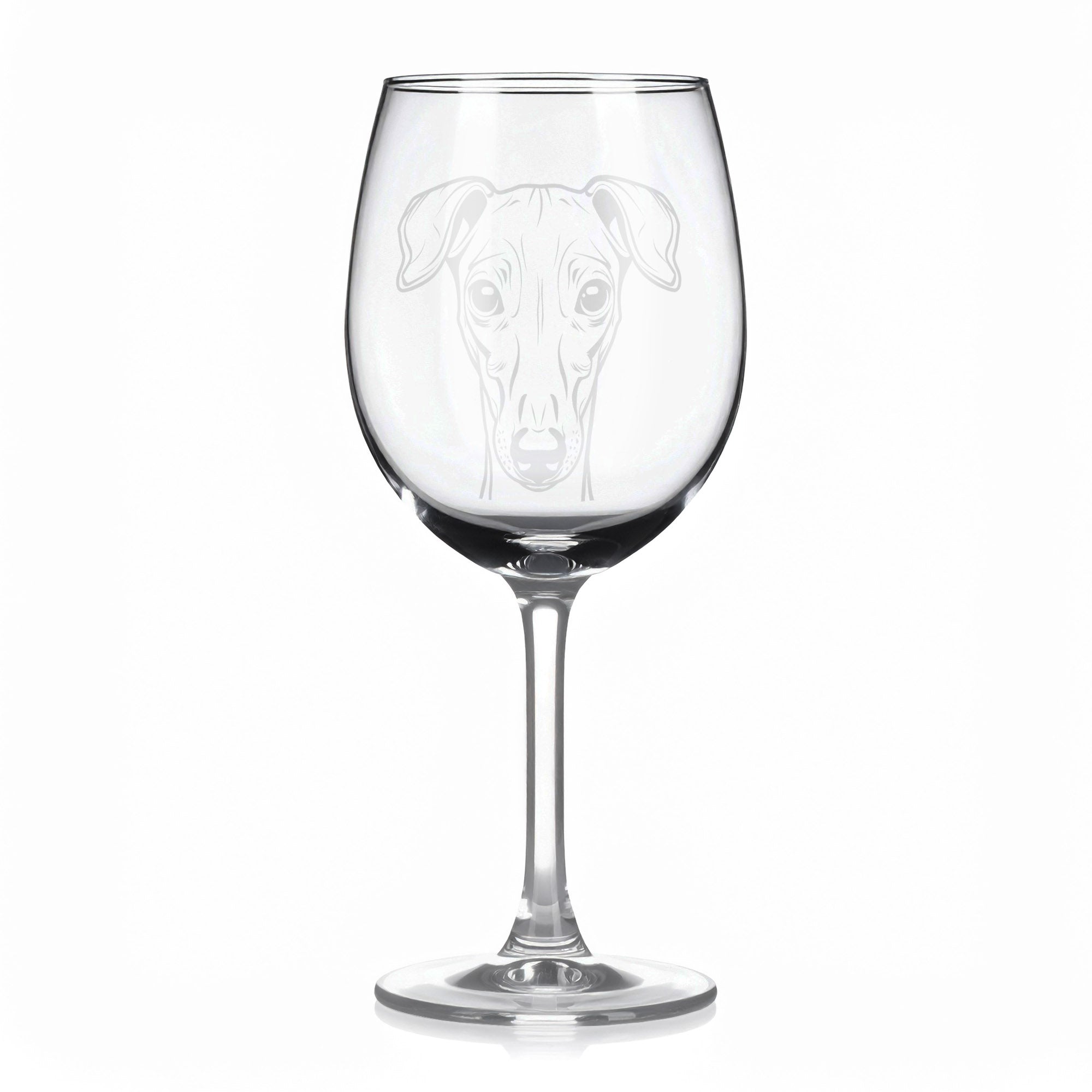 Sklenice na víno s gravírovaným motivem italského chrtíka.