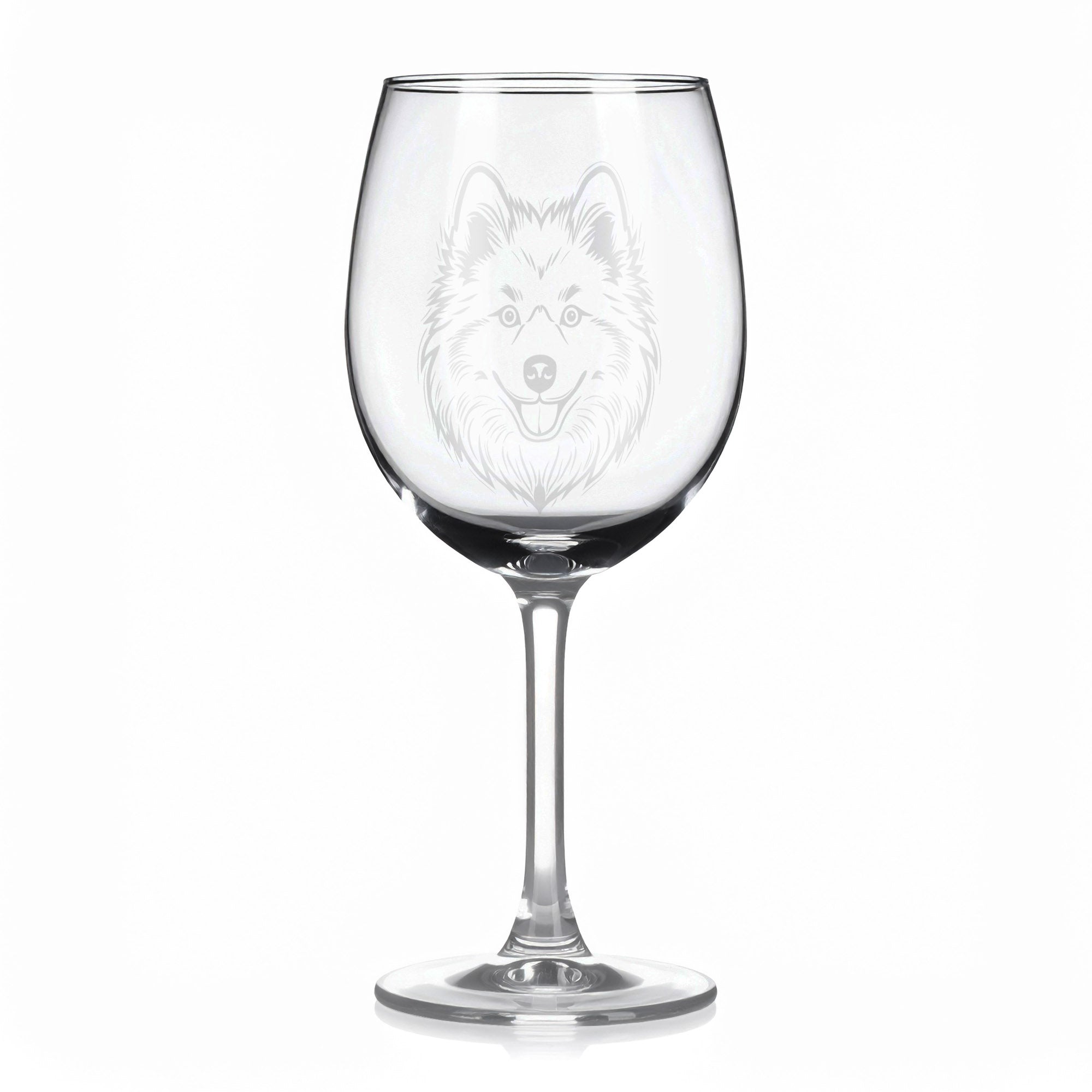 Sklenice na víno s gravírovaným motivem psa Pomsky.